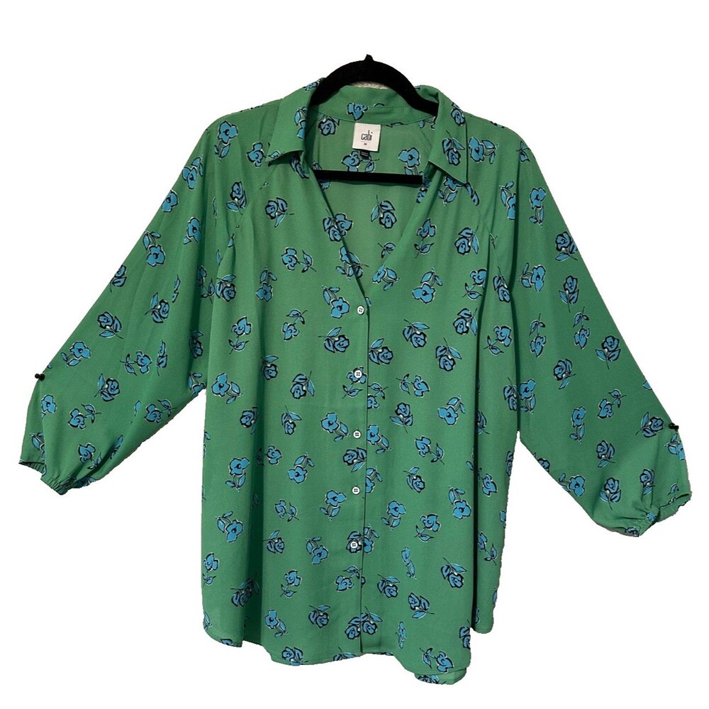CAbi Green Button-Up Blouse with Blue Floral Print